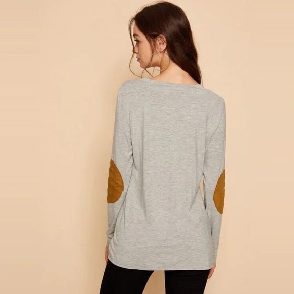 Sueded Elbow Patch Soft Drapey Long Sleeve Top - Picture 3 of 8